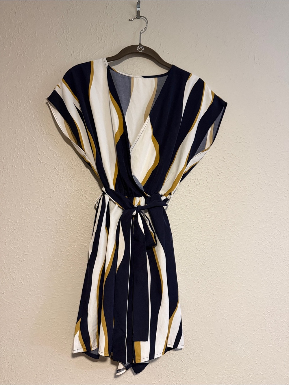 Striped Navy & White Wrap romper with Gold Accents